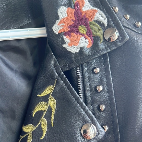 Floral Embroidered Vegan Leather Motorcycle Jacket - Picture 5 of 13